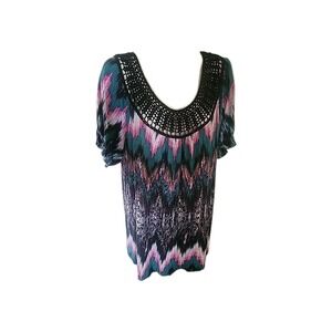 BEVERLY DRIVE Plus Size 3X Short‎ Sleeve Geometric Blouse Embroidered Round Neck